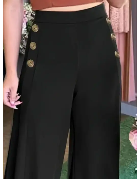 Kadın Yüksek Bel Yan Düğme Detaylı Geniş Paçalı Ithal Krep Pantolon