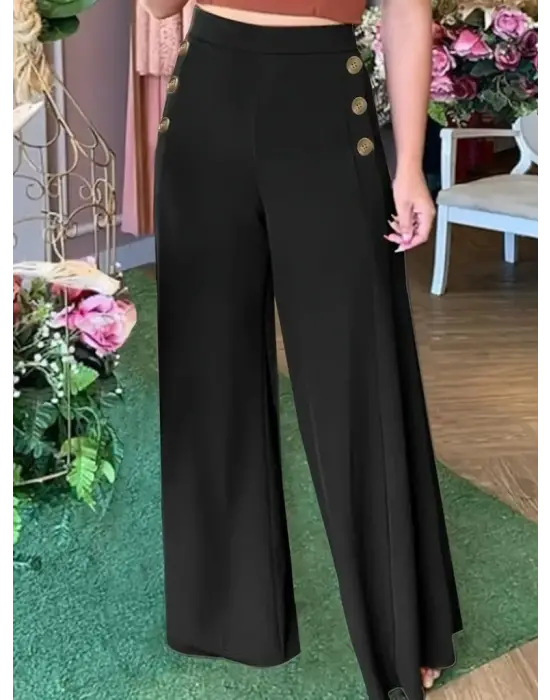 Kadın Yüksek Bel Yan Düğme Detaylı Geniş Paçalı Ithal Krep Pantolon