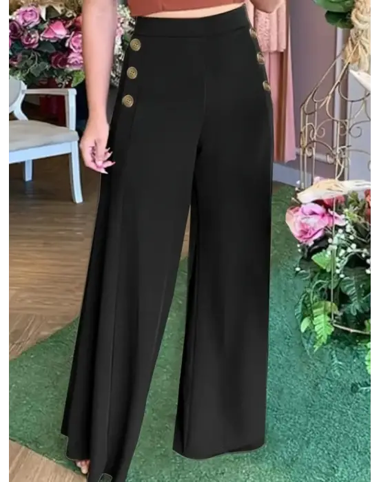 Kadın Yüksek Bel Yan Düğme Detaylı Geniş Paçalı Ithal Krep Pantolon