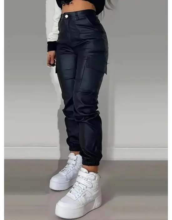 Kadın Yüksek Bel Yan Kargo Cep Detaylı Deri Pantolon