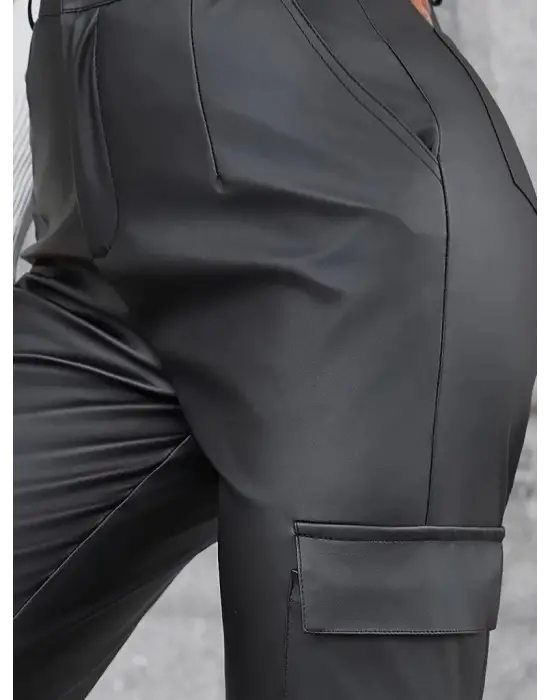 Kadın Yüksek Bel Yan Kargo Cep Detaylı Deri Pantolon