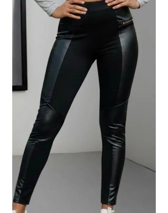 Kadın Yüksek Bel Yan şerit Deri Detay Fermuarlı Dalgıç Tayt