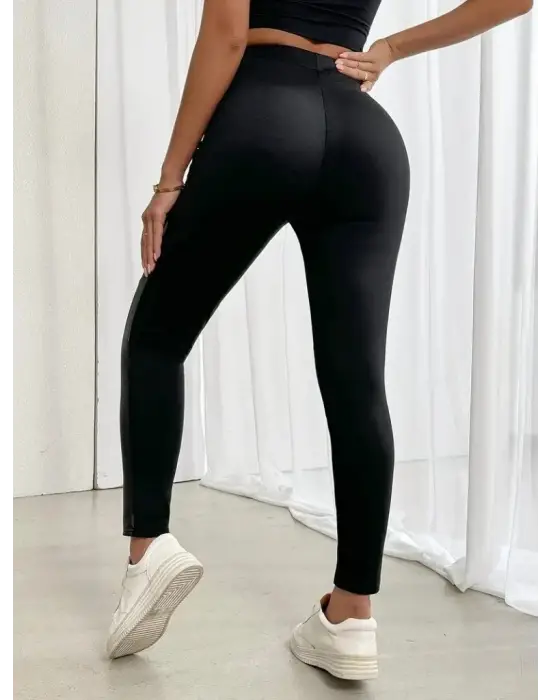 Kadın Yüksek Bel Yan şerit Deri Detay Fermuarlı Dalgıç Tayt