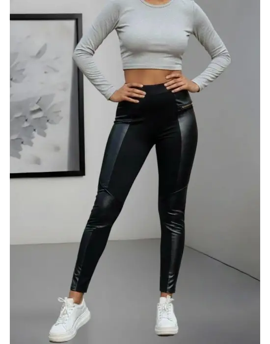 Kadın Yüksek Bel Yan şerit Deri Detay Fermuarlı Dalgıç Tayt