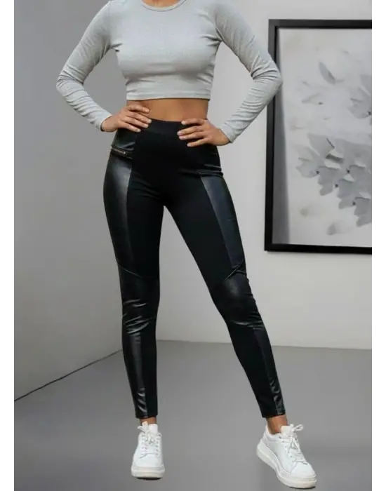 Kadın Yüksek Bel Yan şerit Deri Detay Fermuarlı Dalgıç Tayt