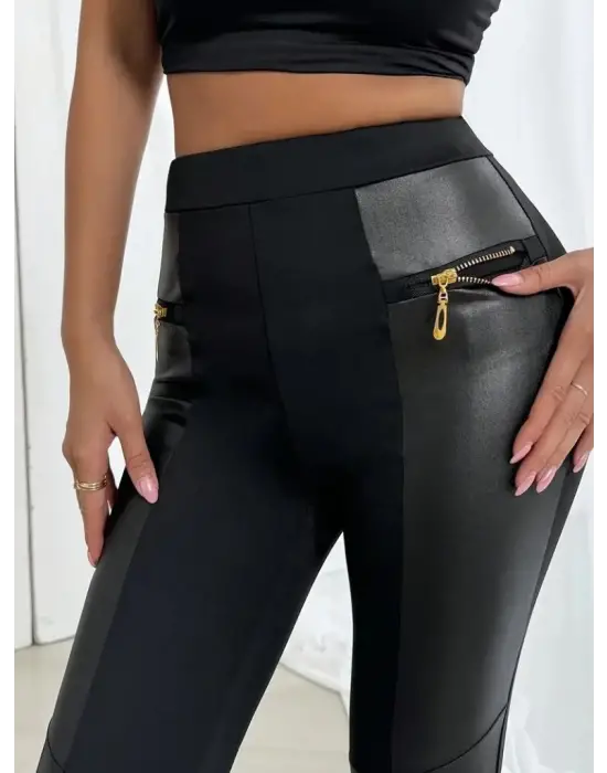 Kadın Yüksek Bel Yan şerit Deri Detay Fermuarlı Dalgıç Tayt