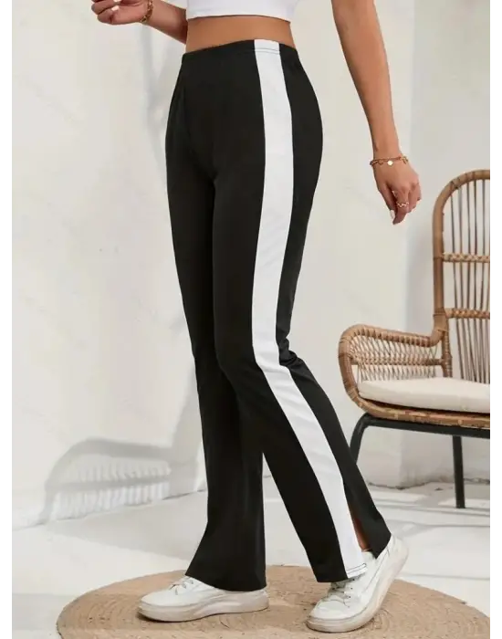 Kadın Yüksek Bel Yan şerit Detaylı Yırtmaçlı Viskon Iki Iplik Pantolon