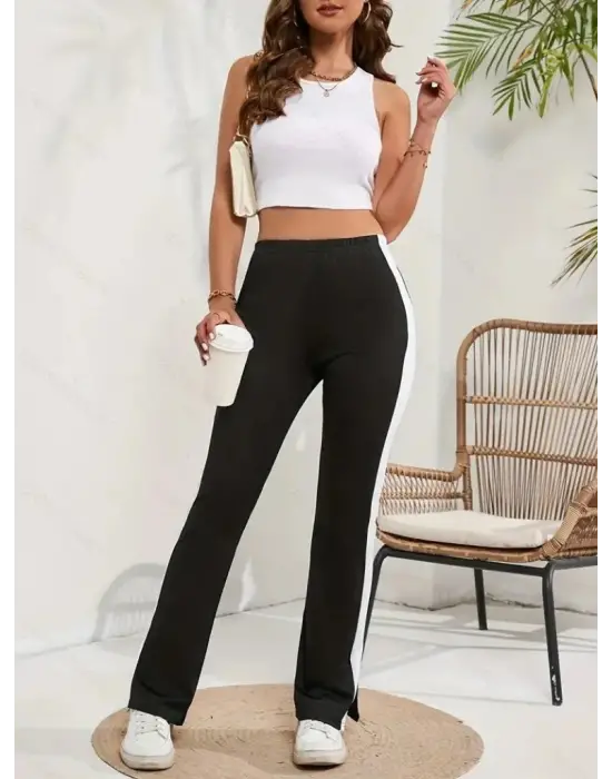 Kadın Yüksek Bel Yan şerit Detaylı Yırtmaçlı Viskon Iki Iplik Pantolon