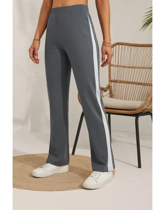 Kadın Yüksek Bel Yan şerit Detaylı Yırtmaçlı Viskon Iki Iplik Pantolon