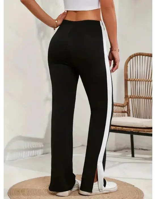 Kadın Yüksek Bel Yan şerit Detaylı Yırtmaçlı Viskon Iki Iplik Pantolon