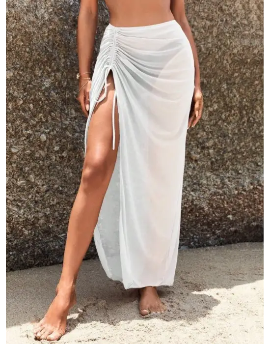 Kadın Yüksek Bel Yandan Büzgülü Uzun Tül Detaylı Pareo