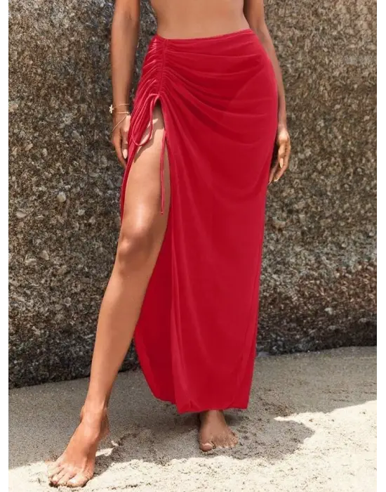 Kadın Yüksek Bel Yandan Büzgülü Uzun Tül Detaylı Pareo