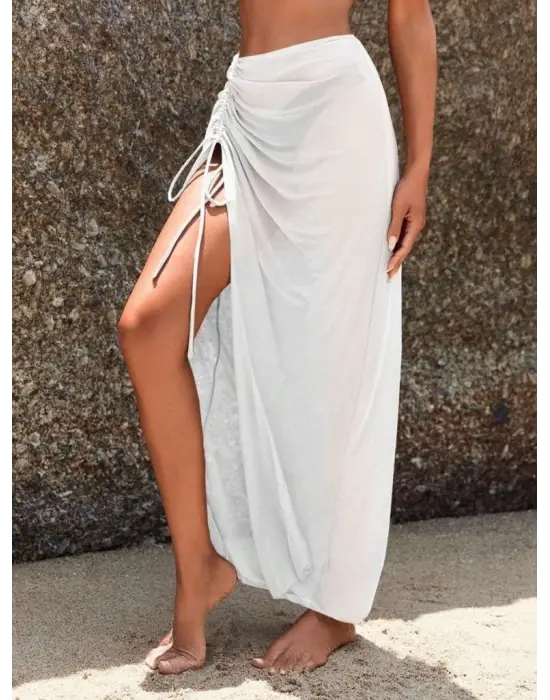 Kadın Yüksek Bel Yandan Büzgülü Uzun Tül Detaylı Pareo