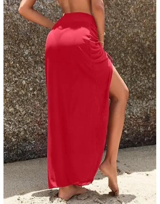 Kadın Yüksek Bel Yandan Büzgülü Uzun Tül Detaylı Pareo