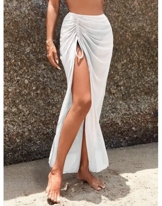 Omarı Etkileyici Yandan Büzgülü Uzun Tül Pareo