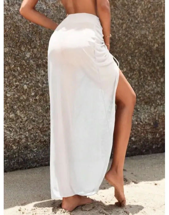 Kadın Yüksek Bel Yandan Büzgülü Uzun Tül Detaylı Pareo