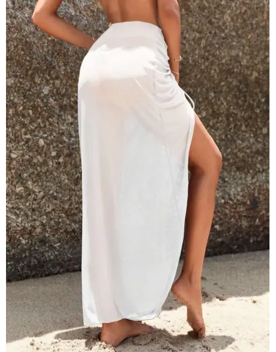 Omarı Etkileyici Yandan Büzgülü Uzun Tül Pareo