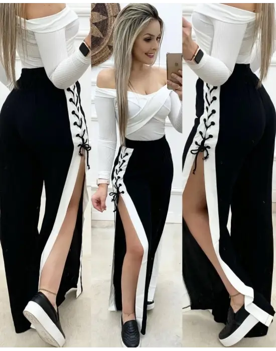 Kadın Yüksek Bel Yandan çapraz Bağcıklı Yırtmaçlı Viskon Iki Iplik Pantolon