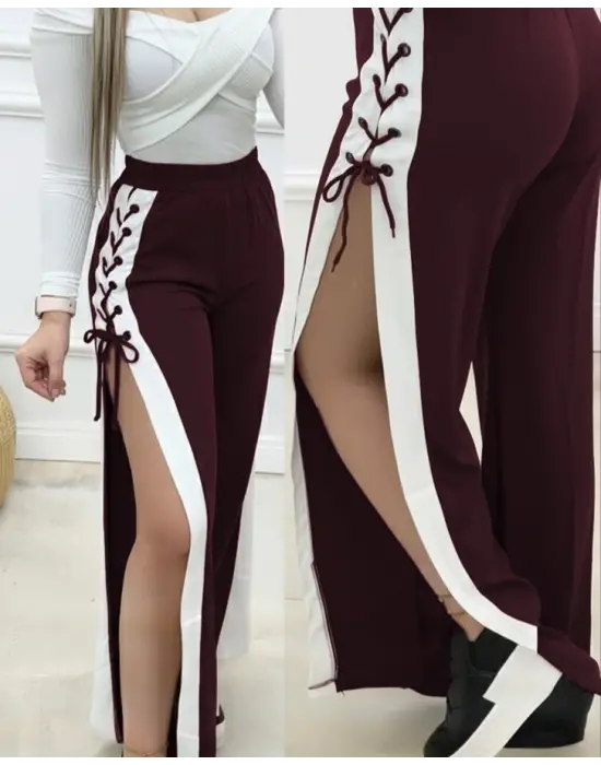 Kadın Yüksek Bel Yandan çapraz Bağcıklı Yırtmaçlı Viskon Iki Iplik Pantolon