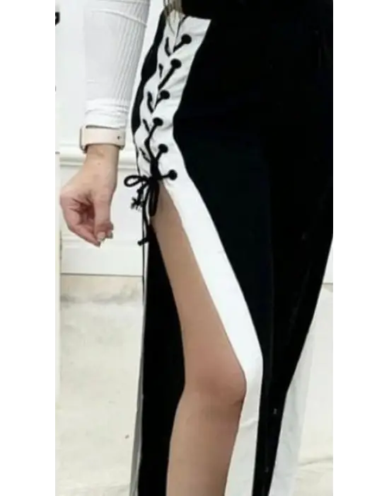 Kadın Yüksek Bel Yandan çapraz Bağcıklı Yırtmaçlı Viskon Iki Iplik Pantolon