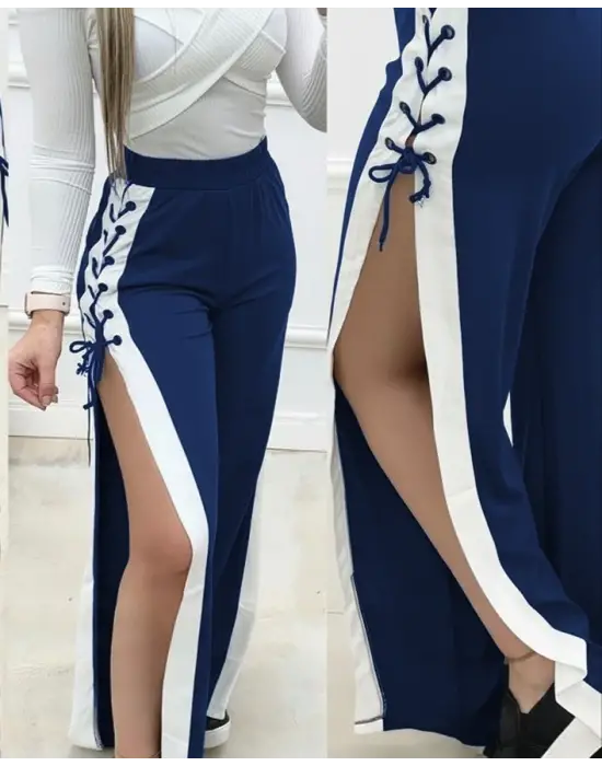 Kadın Yüksek Bel Yandan çapraz Bağcıklı Yırtmaçlı Viskon Iki Iplik Pantolon