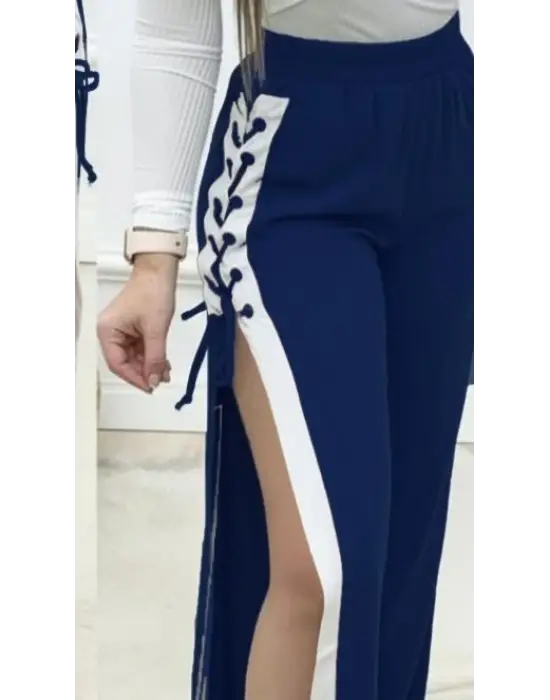 Kadın Yüksek Bel Yandan çapraz Bağcıklı Yırtmaçlı Viskon Iki Iplik Pantolon