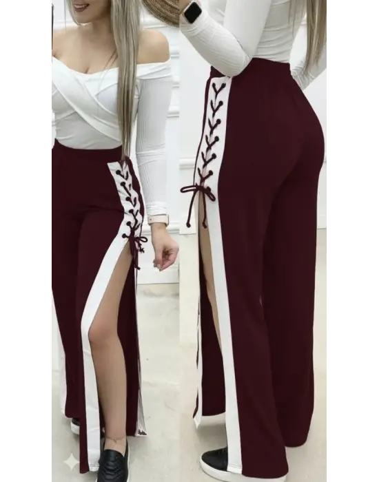 Kadın Yüksek Bel Yandan çapraz Bağcıklı Yırtmaçlı Viskon Iki Iplik Pantolon