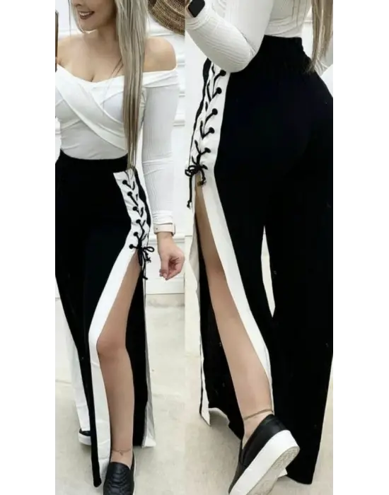 Kadın Yüksek Bel Yandan çapraz Bağcıklı Yırtmaçlı Viskon Iki Iplik Pantolon