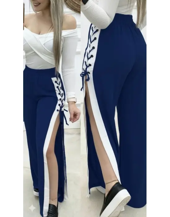 Kadın Yüksek Bel Yandan çapraz Bağcıklı Yırtmaçlı Viskon Iki Iplik Pantolon