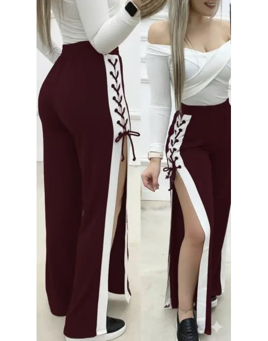 Kadın Yüksek Bel Yandan çapraz Bağcıklı Yırtmaçlı Viskon Iki Iplik Pantolon