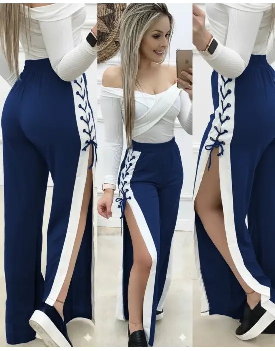 Kadın Yüksek Bel Yandan çapraz Bağcıklı Yırtmaçlı Viskon Iki Iplik Pantolon