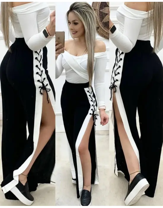 Kadın Yüksek Bel Yandan çapraz Bağcıklı Yırtmaçlı Viskon Iki Iplik Pantolon