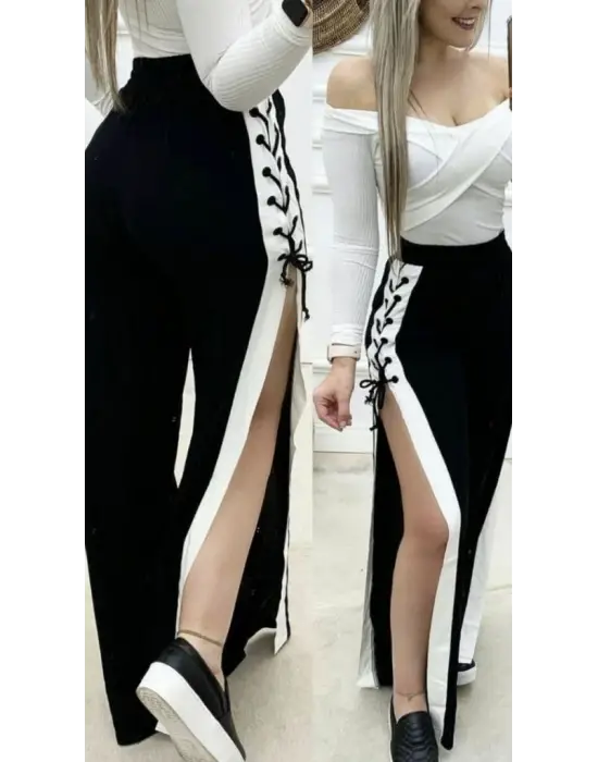 Kadın Yüksek Bel Yandan çapraz Bağcıklı Yırtmaçlı Viskon Iki Iplik Pantolon