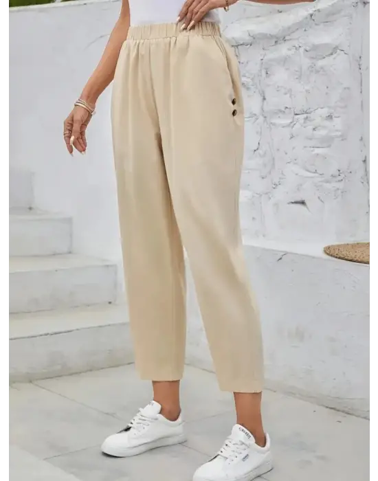 Kadın Yüksek Bel Yandan Cepli Düğme Detaylı Geniş Kesim Ithal Krep Pantolon