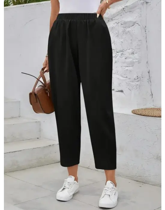 Kadın Yüksek Bel Yandan Cepli Düğme Detaylı Geniş Kesim Ithal Krep Pantolon