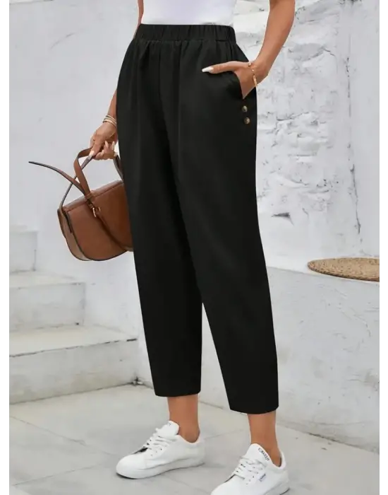 Kadın Yüksek Bel Yandan Cepli Düğme Detaylı Geniş Kesim Ithal Krep Pantolon