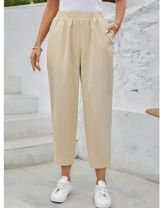 Kadın Yüksek Bel Yandan Cepli Düğme Detaylı Geniş Kesim Ithal Krep Pantolon