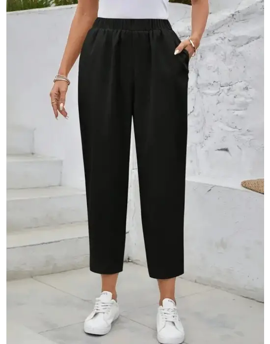 Kadın Yüksek Bel Yandan Cepli Düğme Detaylı Geniş Kesim Ithal Krep Pantolon