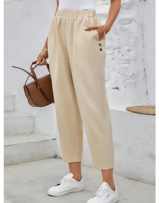 Kadın Yüksek Bel Yandan Cepli Düğme Detaylı Geniş Kesim Ithal Krep Pantolon