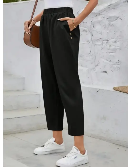 Kadın Yüksek Bel Yandan Cepli Düğme Detaylı Geniş Kesim Ithal Krep Pantolon