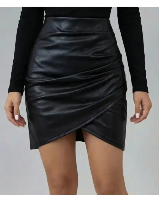 Modern Yüksek Bel Pileli Mini Deri Etek