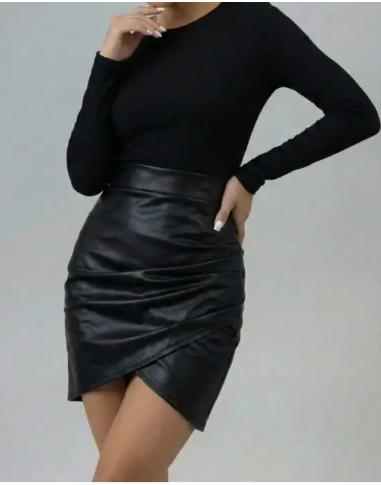 Modern Yüksek Bel Pileli Mini Deri Etek