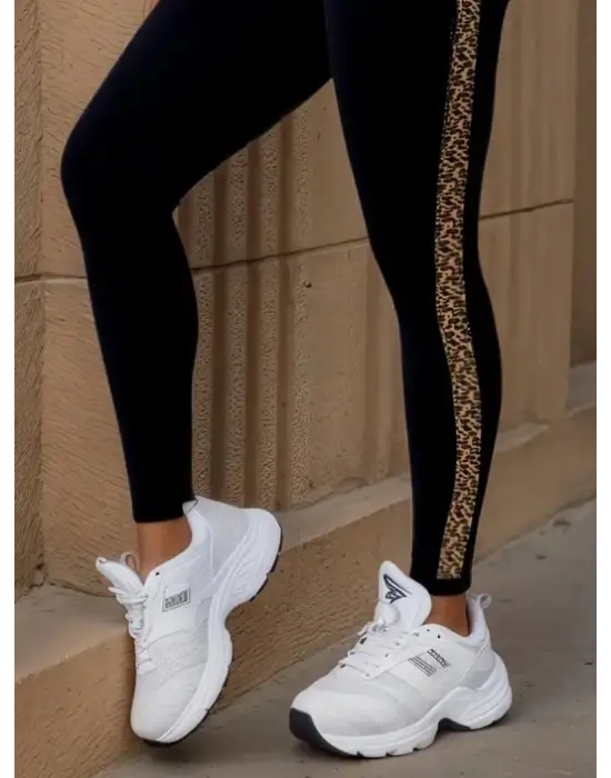 Kadın Yüksek Bel Yandan Leopar Desen Detaylı Dalgıç Tayt