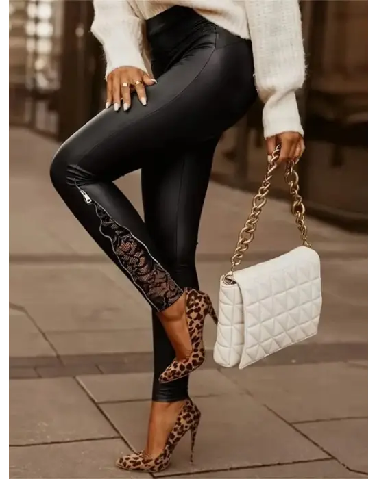 Kadın Yüksek Bel Yandan Yırtmaçlı Dantel Detaylı Deri Tayt