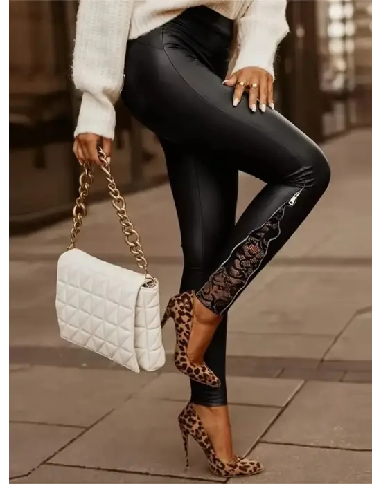 Kadın Yüksek Bel Yandan Yırtmaçlı Dantel Detaylı Deri Tayt