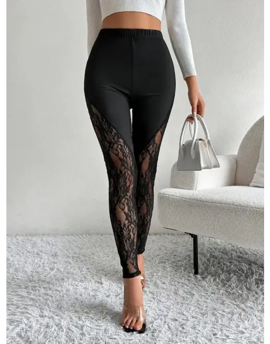 Kadın Yüksek Bel Yanlardan Dantel Detaylı Dalgıç Tayt