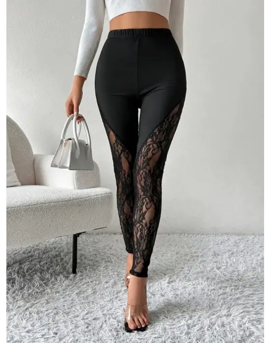 Kadın Yüksek Bel Yanlardan Dantel Detaylı Dalgıç Tayt