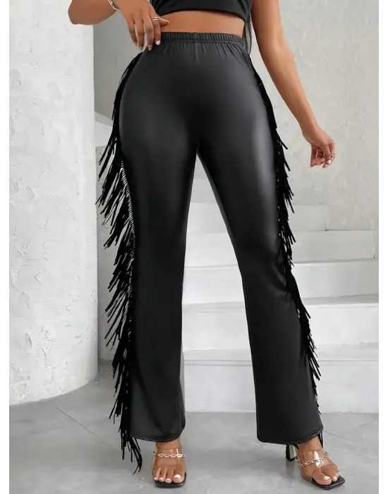 Kadın Yüksek Bel Yanlardan Püsküllü Deri Pantolon