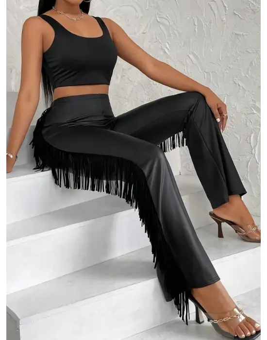 Kadın Yüksek Bel Yanlardan Püsküllü Deri Pantolon