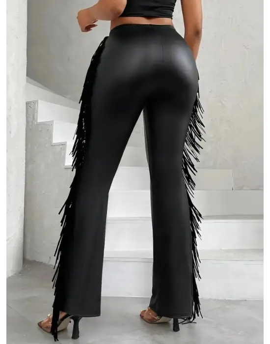 Kadın Yüksek Bel Yanlardan Püsküllü Deri Pantolon
